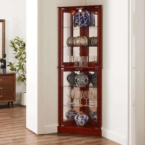 72" Tall Corner Cabinet with LED Light, Glass Doors, Adjustable Shelves, Mirrored Back Panel, Curved Wood P303839