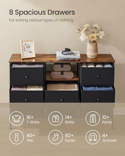 Fabric Dresser with Power Outlets and LED Lights, 8 Drawers, Ink Black and Rustic Brown C659945