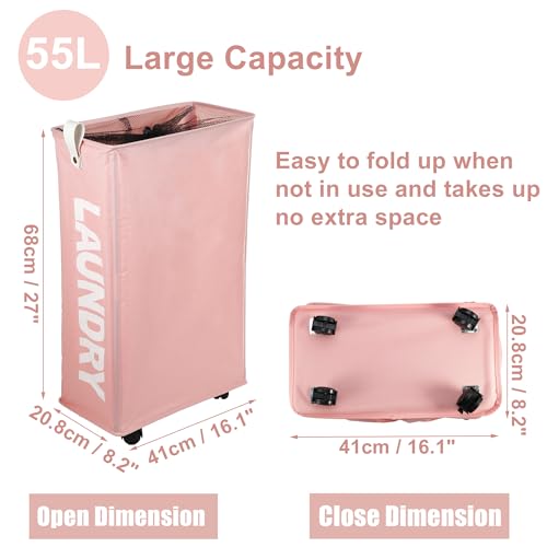 Green 55L Slim Rolling Laundry Basket with Wheels J900