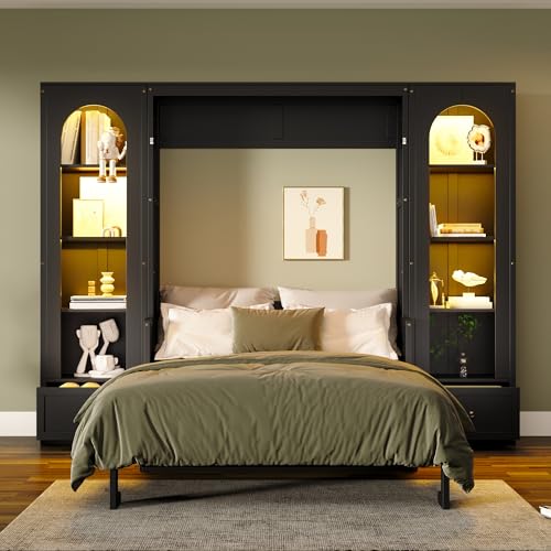 Queen Size Murphy Bed with Desk, 2 Sides Storage Cabinets, Shelf, Black Y529