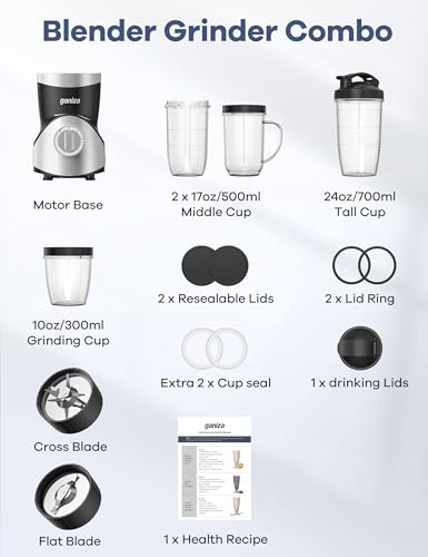 900W 15-Piece Personal Blender and Grinder Combo with 4 BPA-Free Portable Blender Cup F921