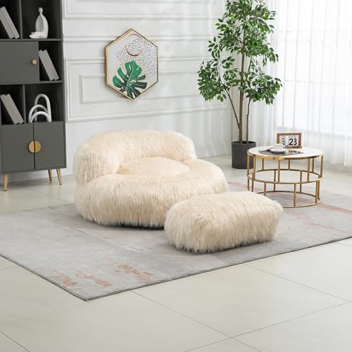 Wine Red Fluffy Faux Fur Oversized Bean Bag Chair with Ottoman H657