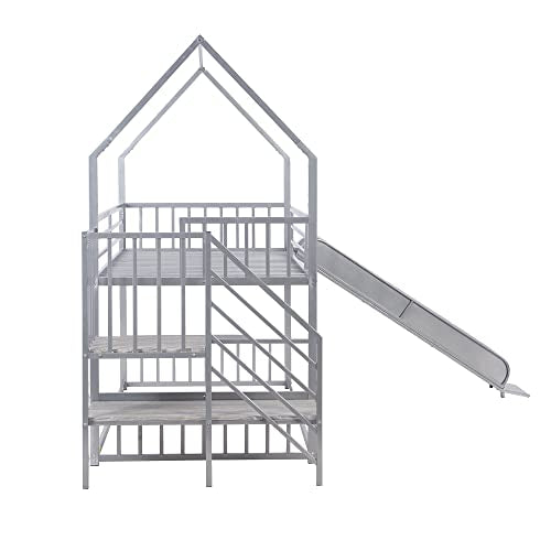 Black Twin Over Twin Metal Bunk Bed with Slide and Storage Staircase A5648