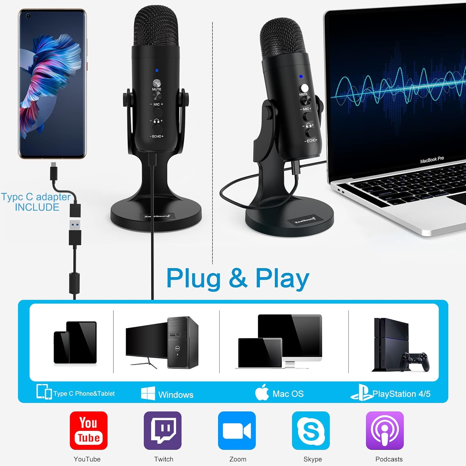 Black USB Condenser Microphone with Headphone Output and Volume Control T778