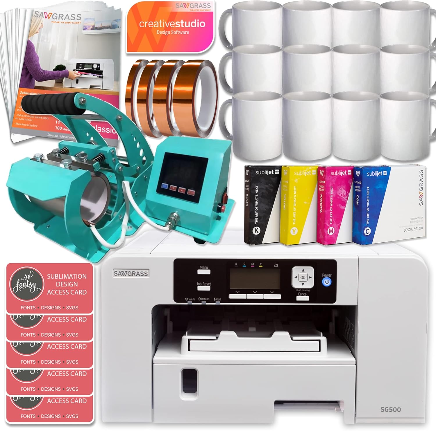 Sublimation Printer Starter Bundle with Inks, Mug Heat Press, Sublimation Paper, Tape, Blanks, Designs and Accessories Y781