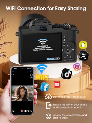 88MP Digital Camera with WiFi, Touch Screen, 16X Zoom, Autofocus, Anti-Shake, Dual Camera, 2 Batteries, 64GB Card, Flash, Lens Hood B37081