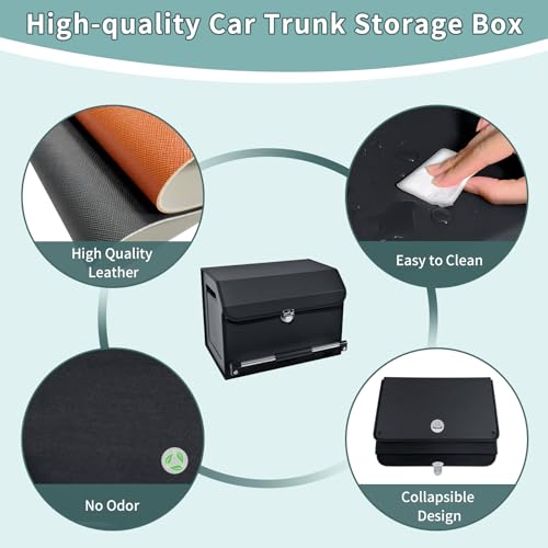 Car Organizer Trunk, Durable Collapsible Leather Trunk Organizer with Lid and Sturdy Handle, Auto Cargo Storage Compartments (11.4 x 27 x 12.2, Black) Z8227
