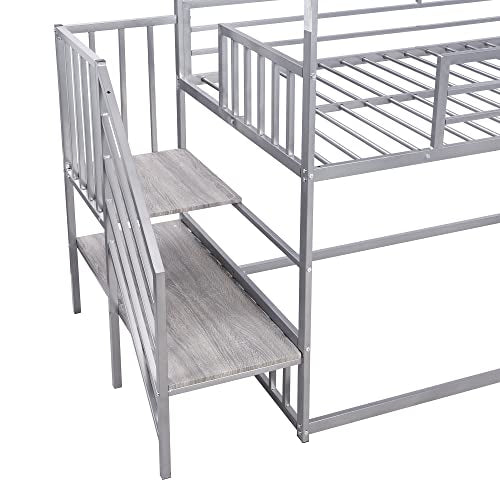 Black Twin Over Twin Metal Bunk Bed with Slide and Storage Staircase A5648