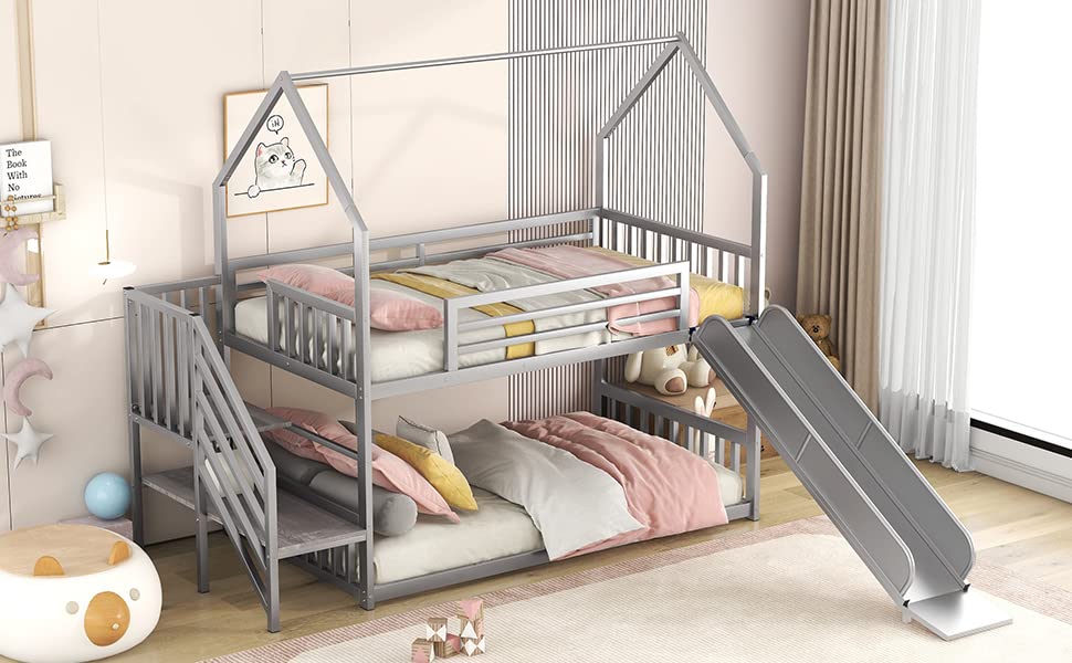 Black Twin Over Twin Metal Bunk Bed with Slide and Storage Staircase A5648