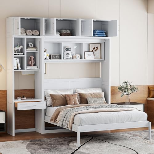 White Full Size Wall Murphy Bed with Built-in Desk & Shelves L502