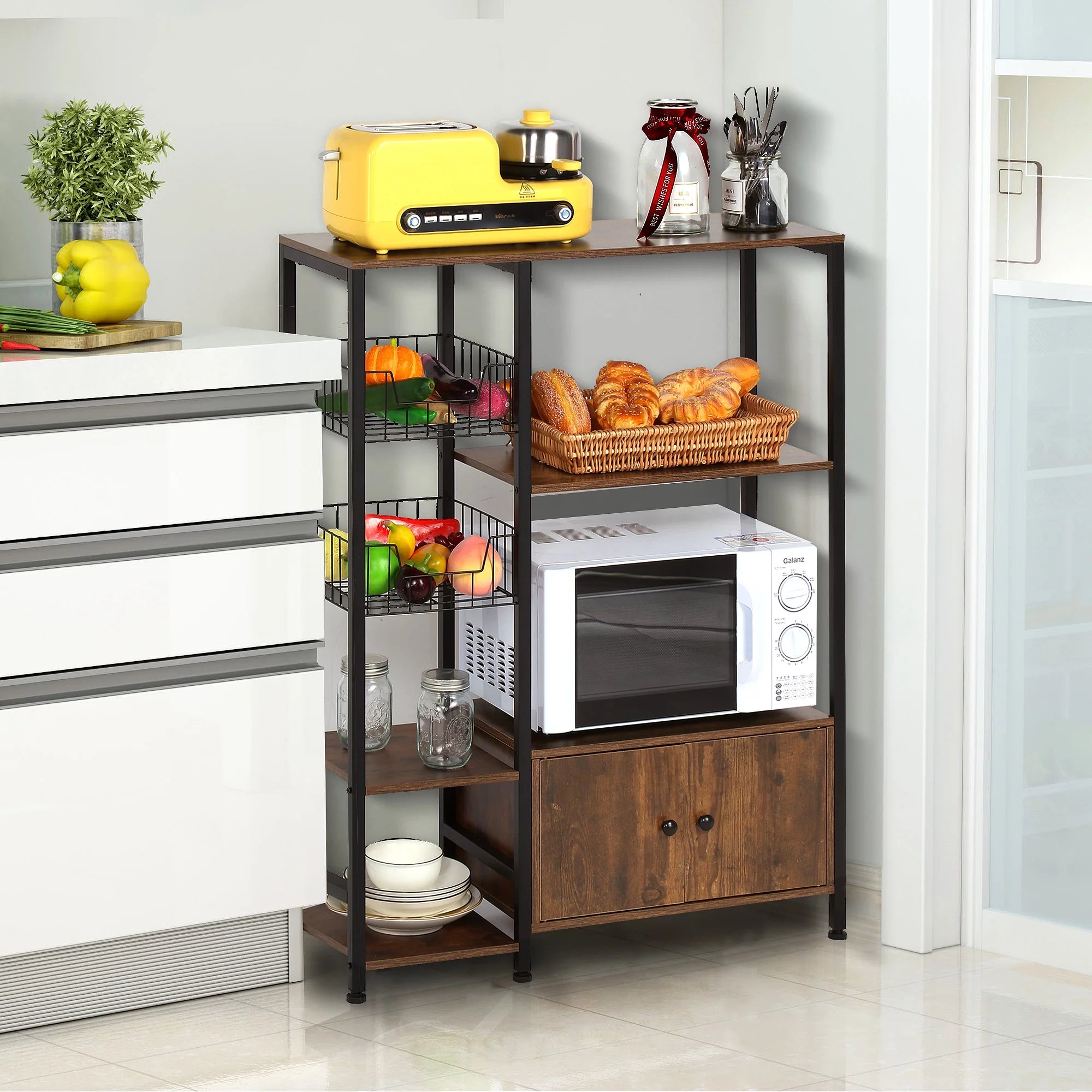 5-Tier Wood Brown Kitchen Bakers Rack with Cabinet R71854