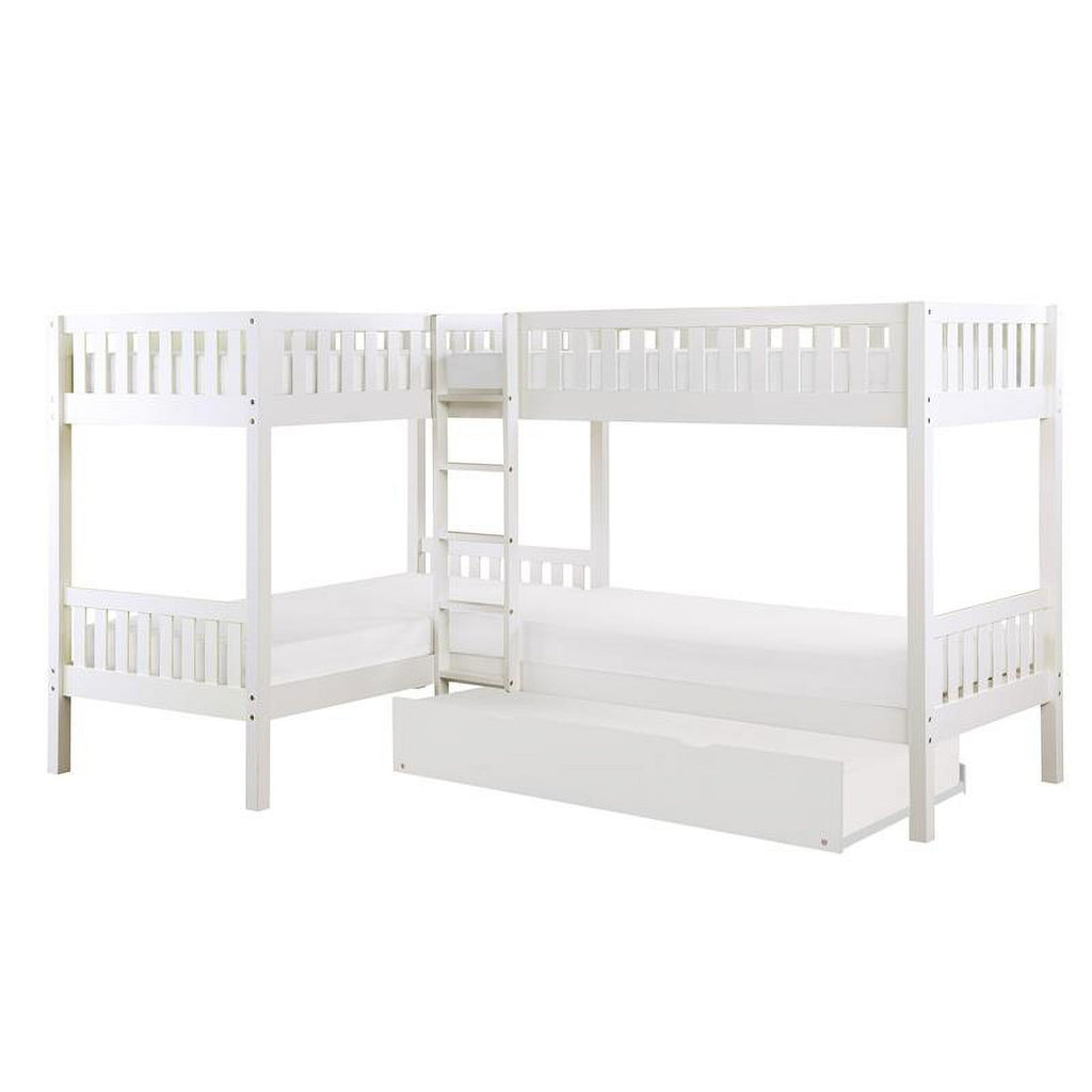 White Wood Corner Bunk Bed with Twin Trundle B68831