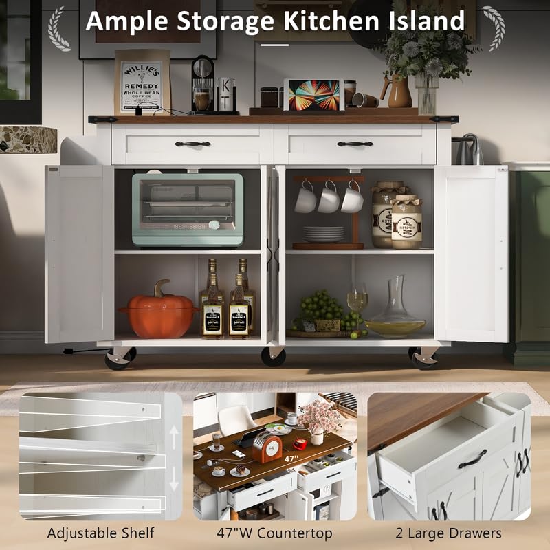 Farmhouse Kitchen Island with Power Outlet, Drop Leaf, Spice Rack and Drawer, Rolling Kitchen Cart on Wheels K736
