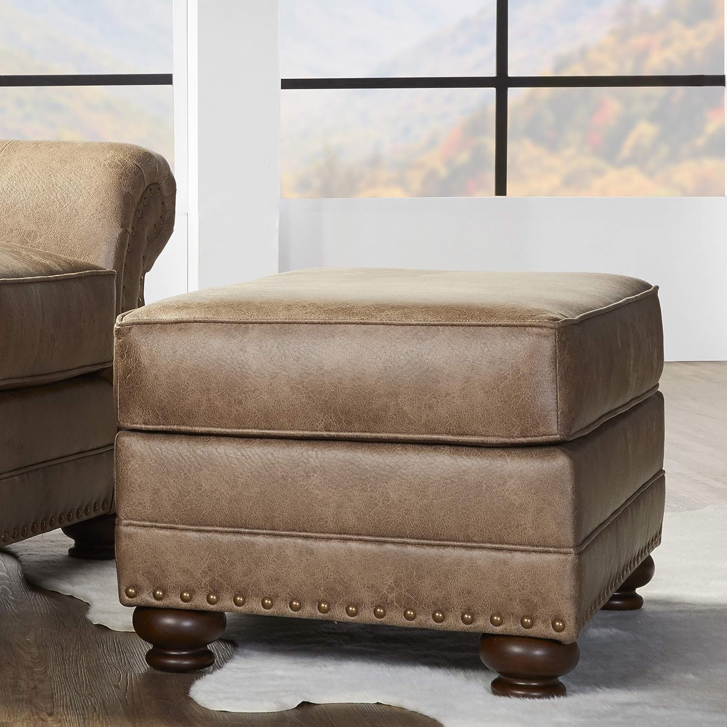 Faux Leather Ottoman with Antique Bronze Nailheads in Jetson Ginger T83470