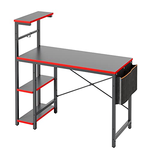 Black Carbon Fiber Gaming Desk with LED Lights and 4 Tiers Reversible Shelves Y71611
