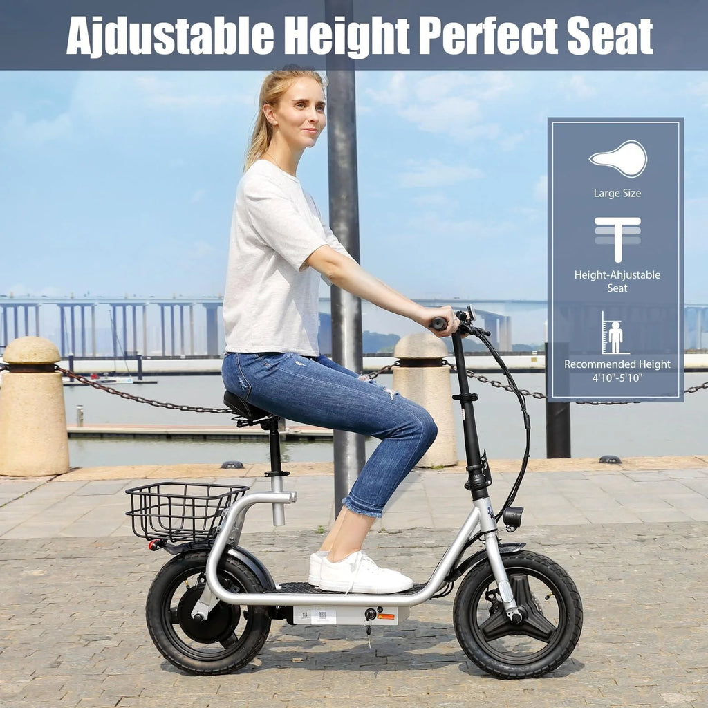 Silver Electric Scooter with Seat, 14 inch, 500W, 25 Miles 20 MPH C2524