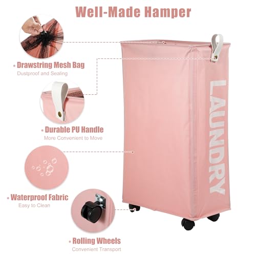 Green 55L Slim Rolling Laundry Basket with Wheels J900