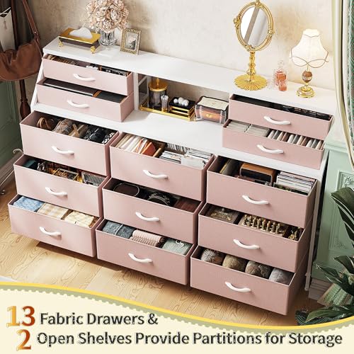 55" W Rustic Brown Dresser with 13 Fabric Drawers and 2 Open Shelves Y393146