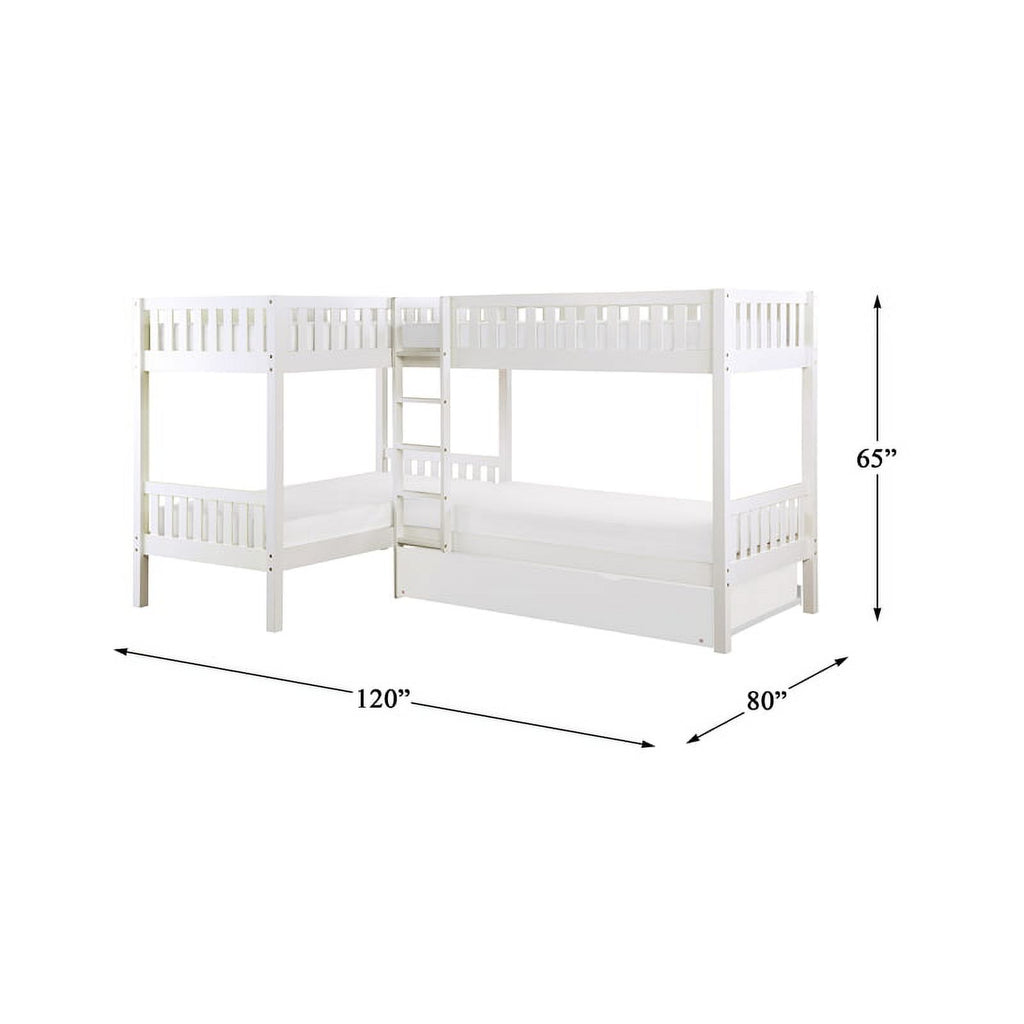 White Wood Corner Bunk Bed with Twin Trundle B68831
