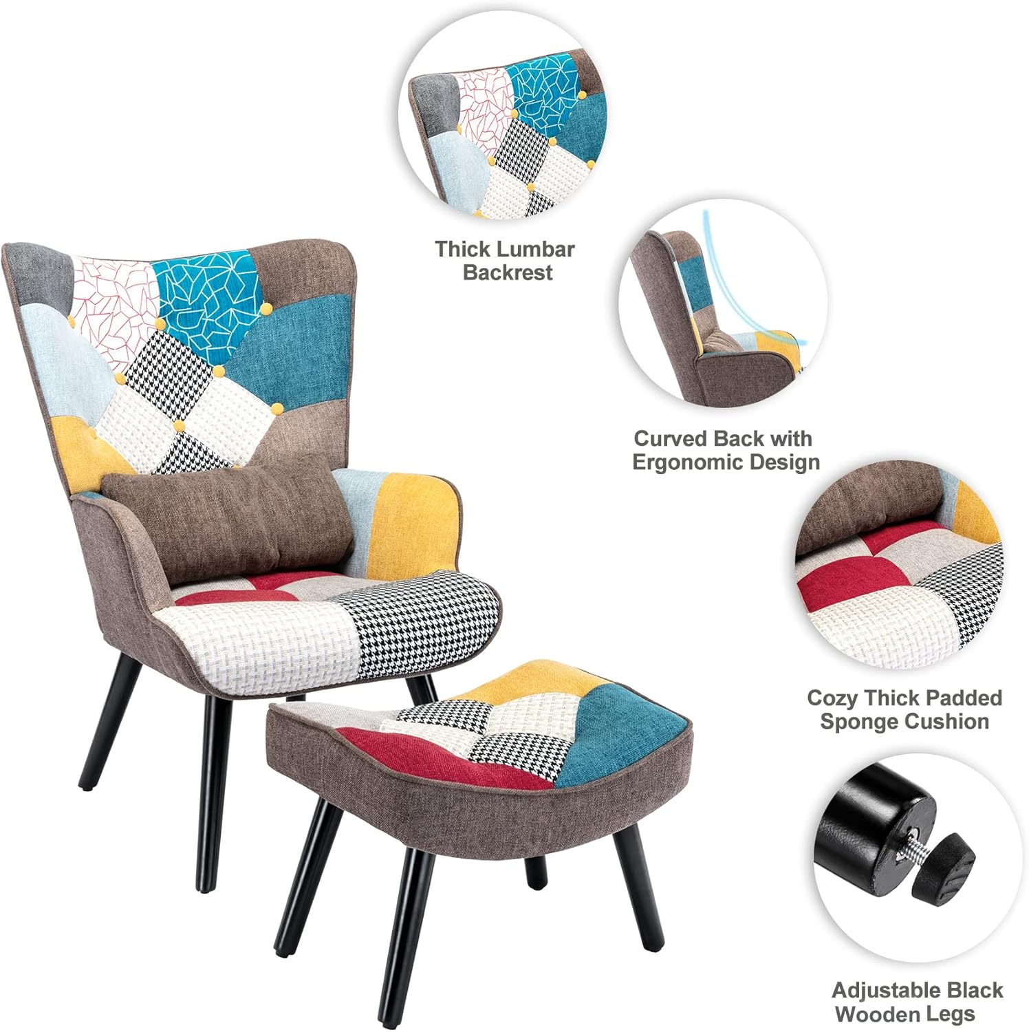 Patchwork Accent Chair with Ottoman, Wooden Legs K590412
