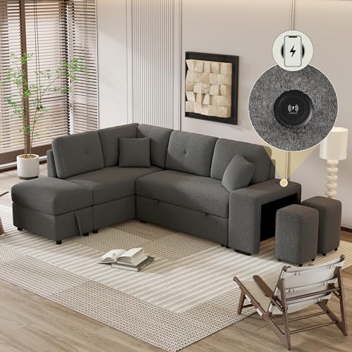 Cream Chenille L Shape Sleeper Sofa with Storage Ottoman and 2 Stools H391340