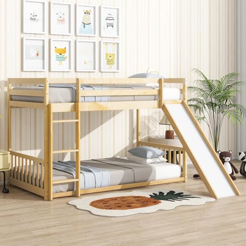 White Twin Over Full Size Pine Wooden Bunk Bed with Slide J22824