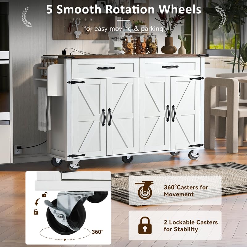 Farmhouse Kitchen Island with Power Outlet, Drop Leaf, Spice Rack and Drawer, Rolling Kitchen Cart on Wheels K736