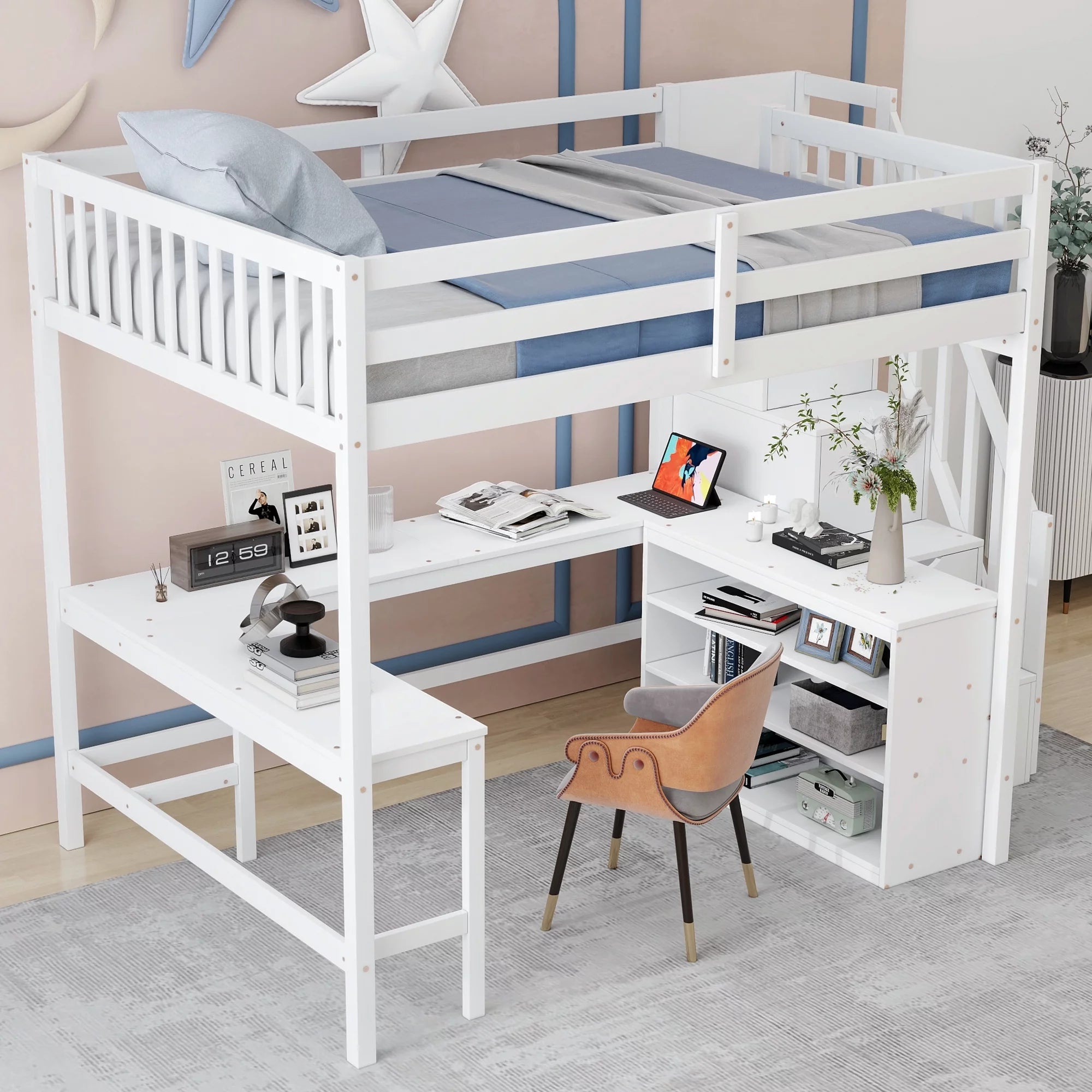 White Wood Full Size Loft Bed with Desk and Storage Staircase L769628