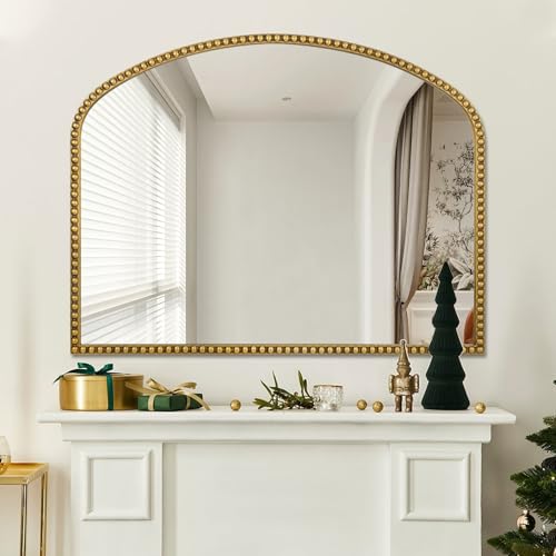 Large Arch Wall Mirror with Beaded Frame, Antique Gold V7254