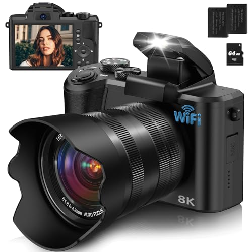 88MP Digital Camera with WiFi, Touch Screen, 16X Zoom, Autofocus, Anti-Shake, Dual Camera, 2 Batteries, 64GB Card, Flash, Lens Hood B37081