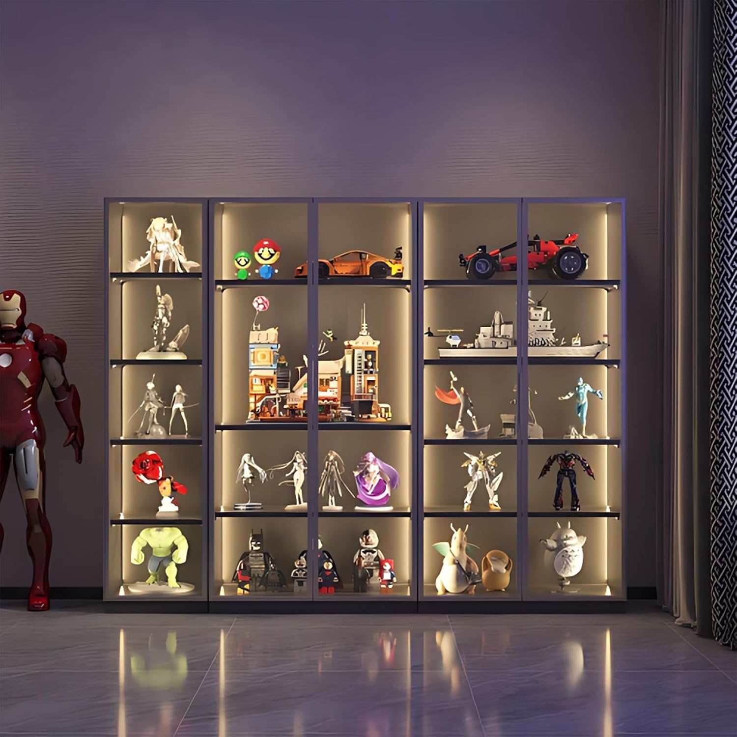 Grey Glass Display Cabinet with LED Lights and 4-Tier Shelves G632