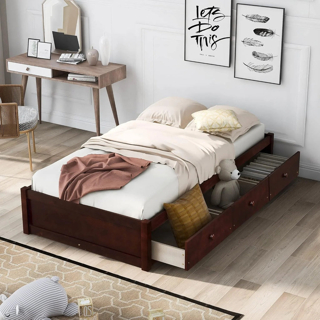 Cherry Wood Platform Bed Frame With 3 Drawers A9963