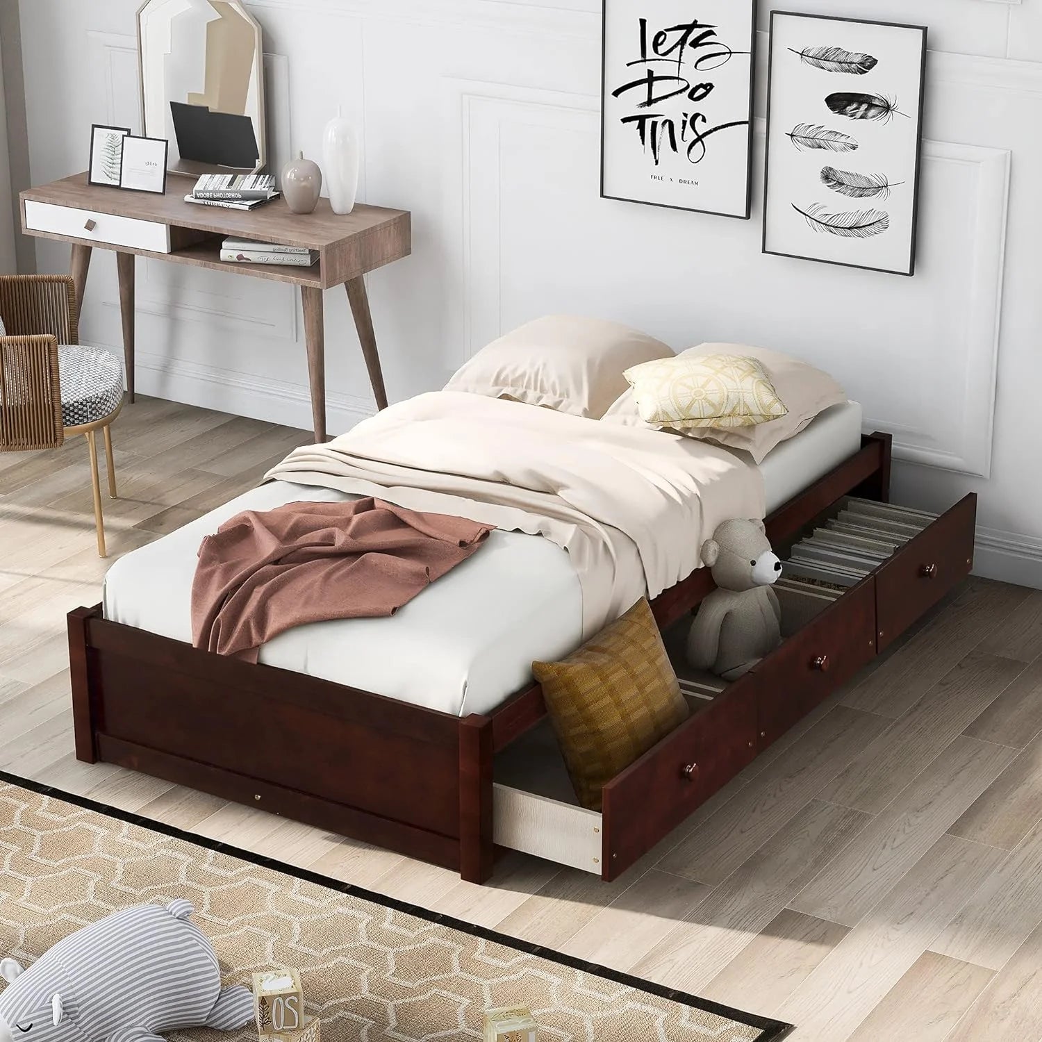 Cherry Wood Platform Bed Frame With 3 Drawers A9963