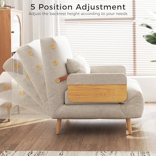 Linen Convertible Chair Bed Sleeper with Wooden Arms Y254714
