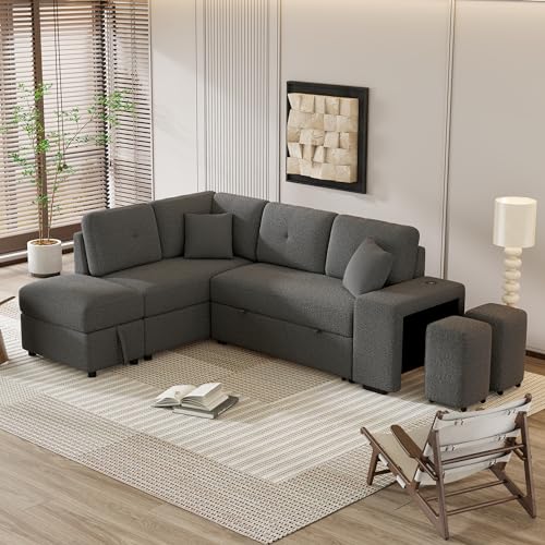 Cream Chenille L Shape Sleeper Sofa with Storage Ottoman and 2 Stools H391340