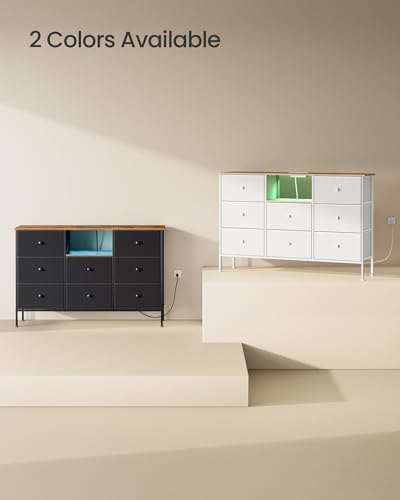 Fabric Dresser with Power Outlets and LED Lights, 8 Drawers, Ink Black and Rustic Brown C659945