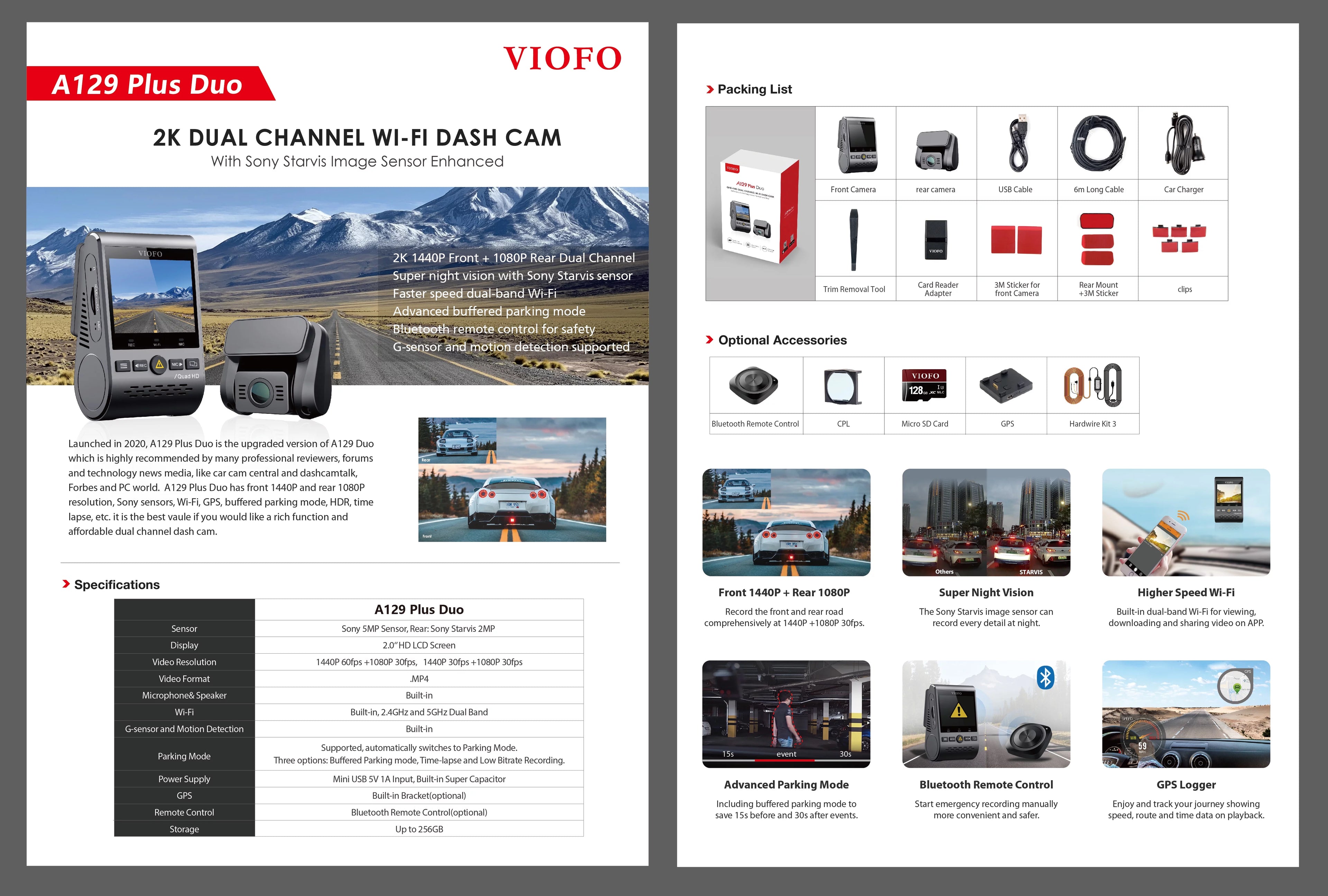 2K 1440P 60FPS + 1080P 30FPS Dashcam Front and Rear T1040