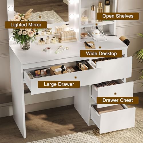 White Vanity Desk with Mirror and 12 LED Lights, 4 Drawers, Padded Stool with Storage L1443