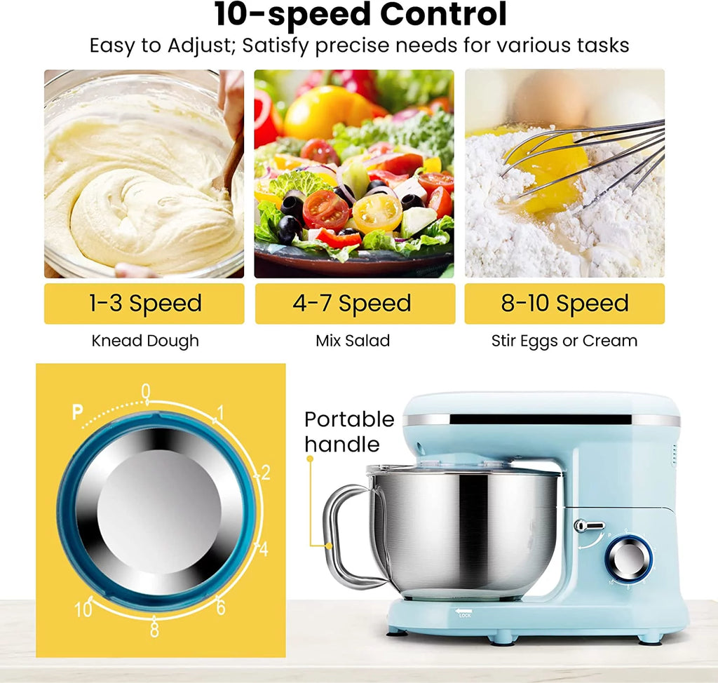 660W 10 Speed 6 Quart Tilt-Head Electric Stand Mixer with Beater, Dough Hook, Wire Whip and Egg Separator, Blue Y48329