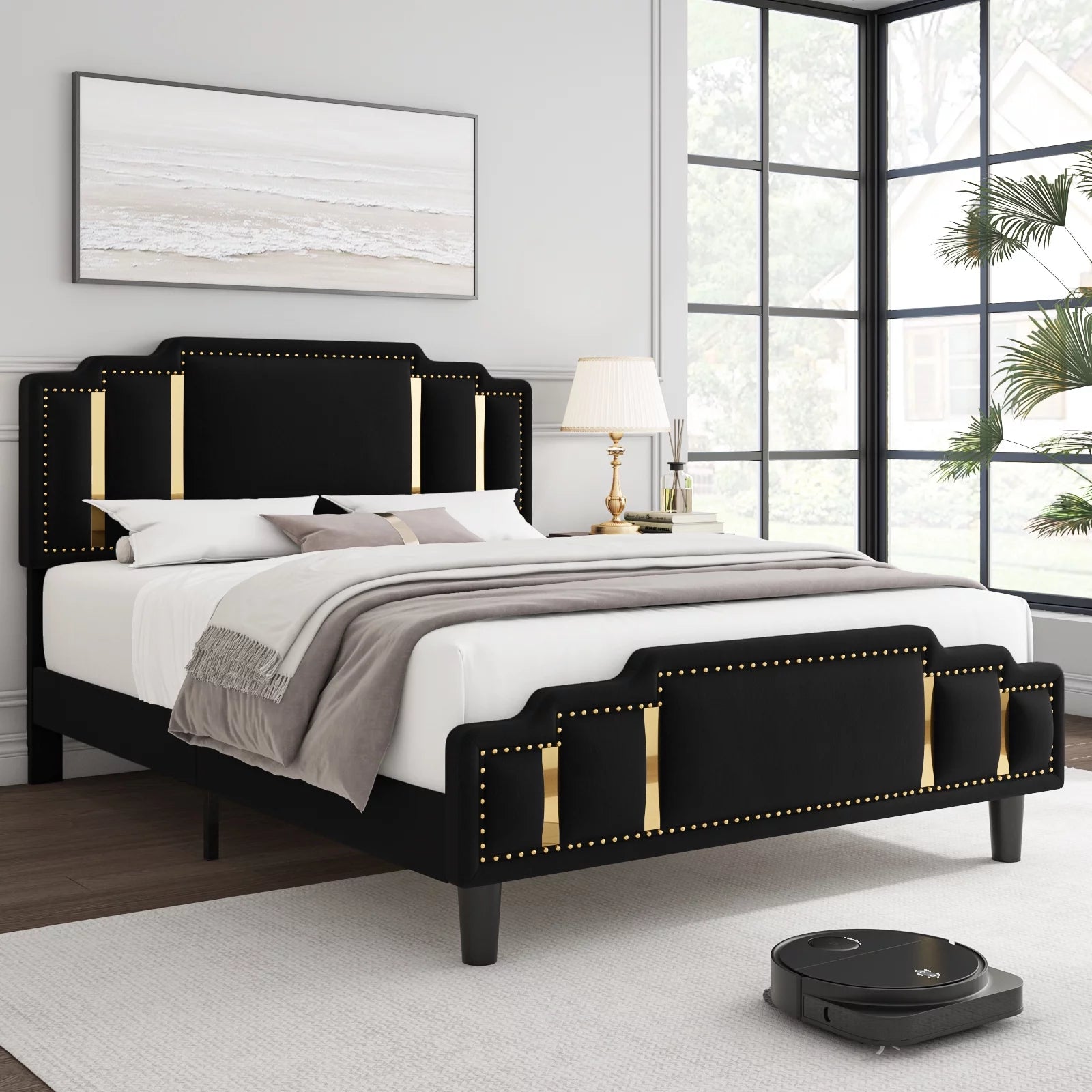 Black Velvet Queen Bed Frame with Adjustable Headboard F232
