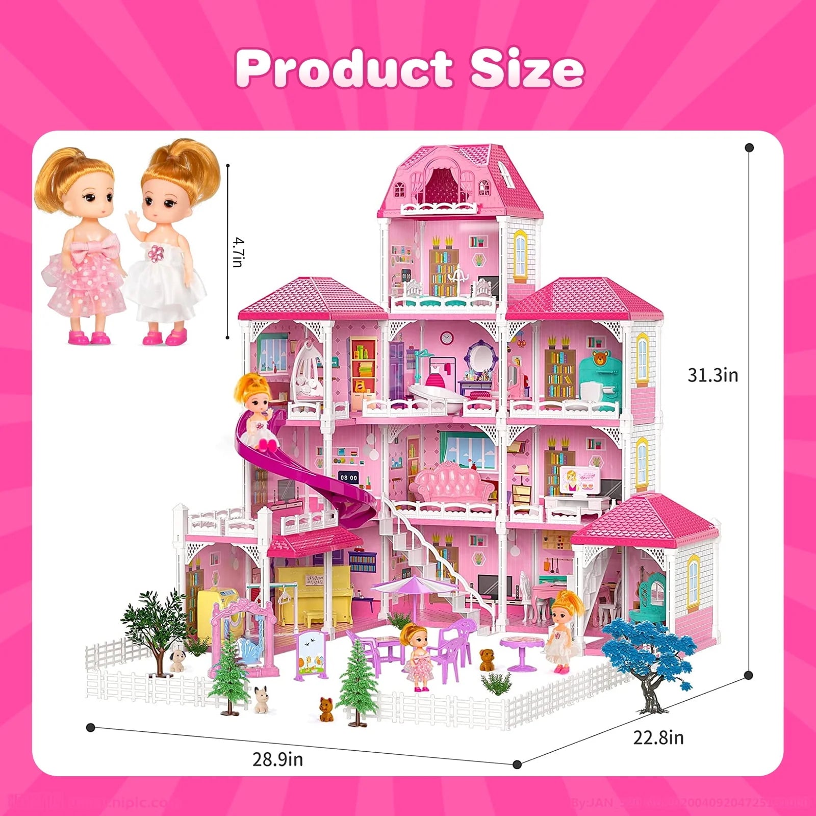 4-Story 12 Rooms Dollhouse with 2 Dolls T78118