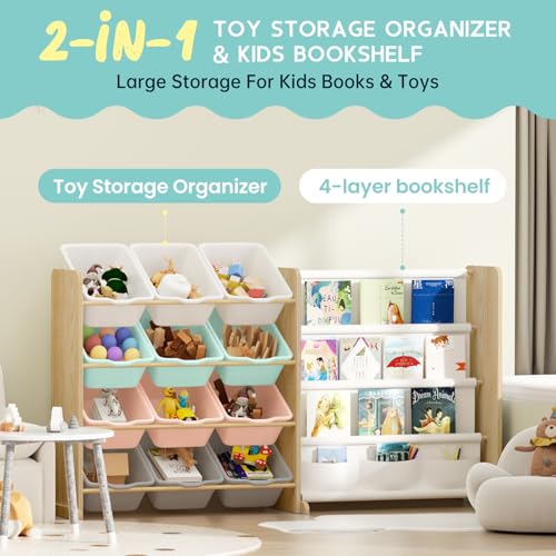 White 12 Bin Toy Storage Organizer with Bookshelf V836