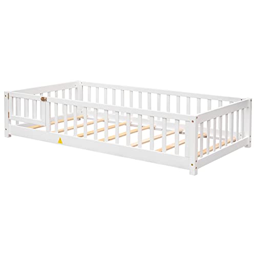 Gray Twin Size Wooden Floor Bed with Safety Guardrails and Slats Y4817