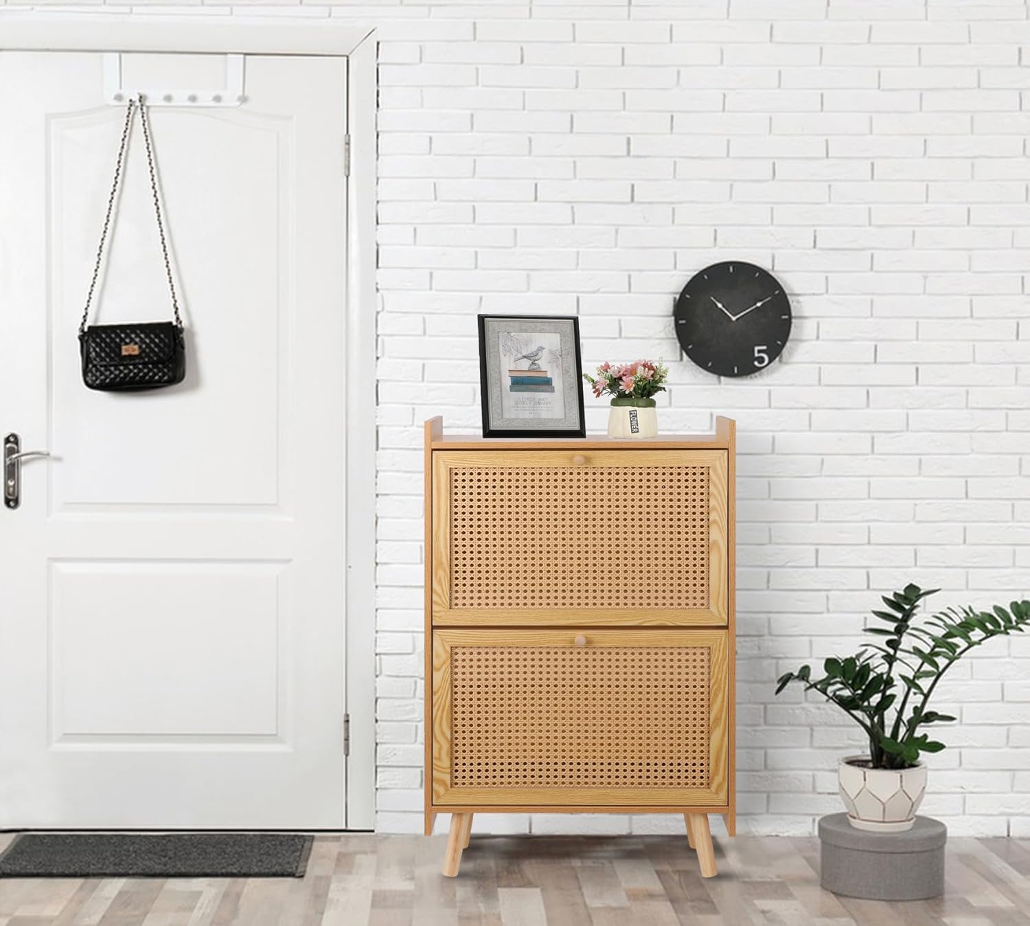Brown Wooden Shoe Storage Cabinet with 2 Flip Drawers Rattan H1765