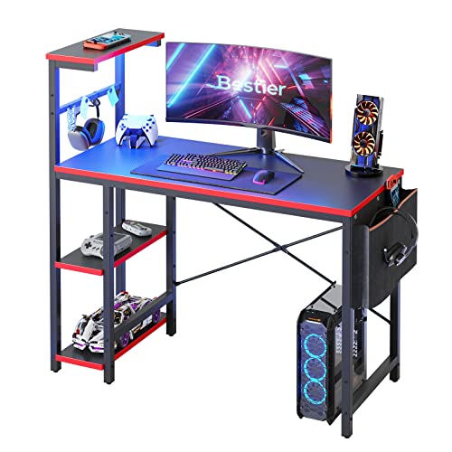 Black Carbon Fiber Gaming Desk with LED Lights and 4 Tiers Reversible Shelves Y71611