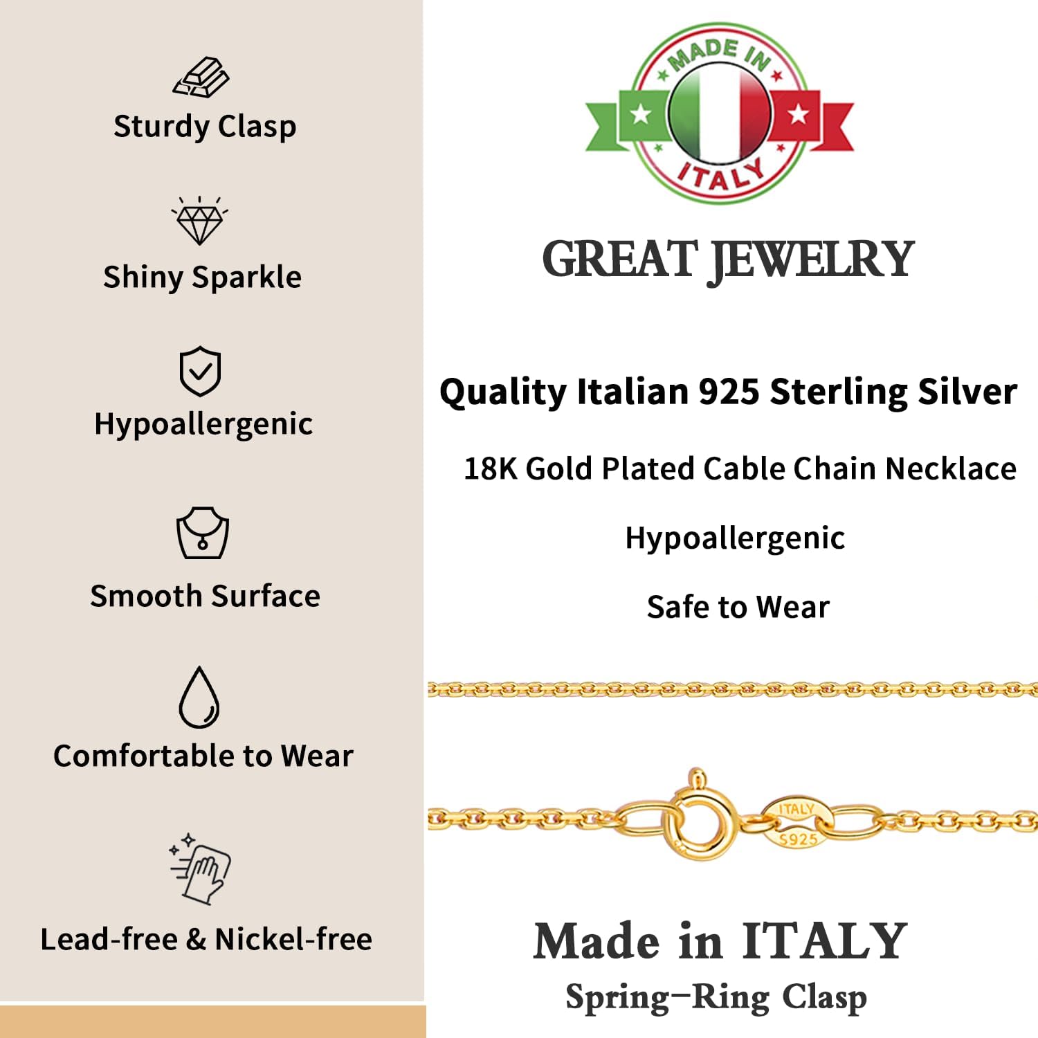 Solid 18k Gold Over 925 Sterling Silver Chain Necklace Y325