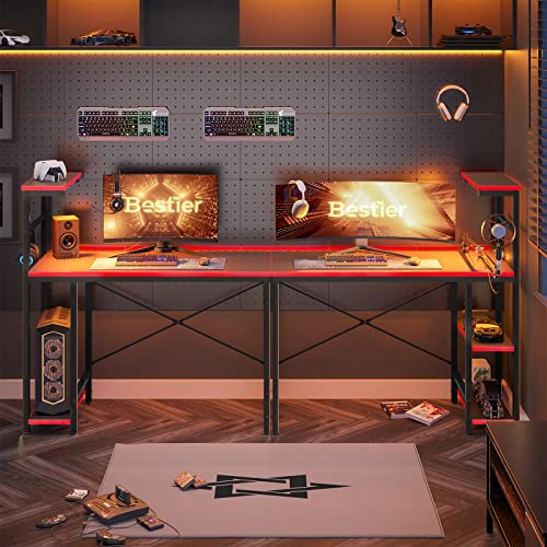 Black Carbon Fiber Gaming Desk with LED Lights and 4 Tiers Reversible Shelves Y71611