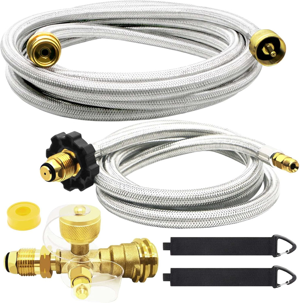 Propane Brass 4 Port Tee Kit with 5FT and 12FT Stainless Braided Hoses S2576