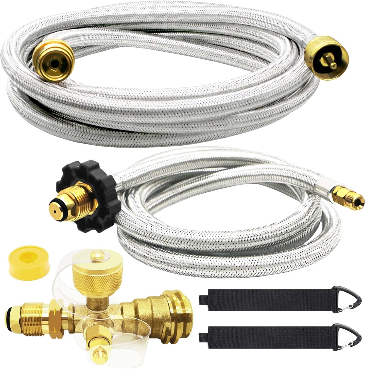 Propane Brass 4 Port Tee Kit with 5FT and 12FT Stainless Braided Hoses S2576