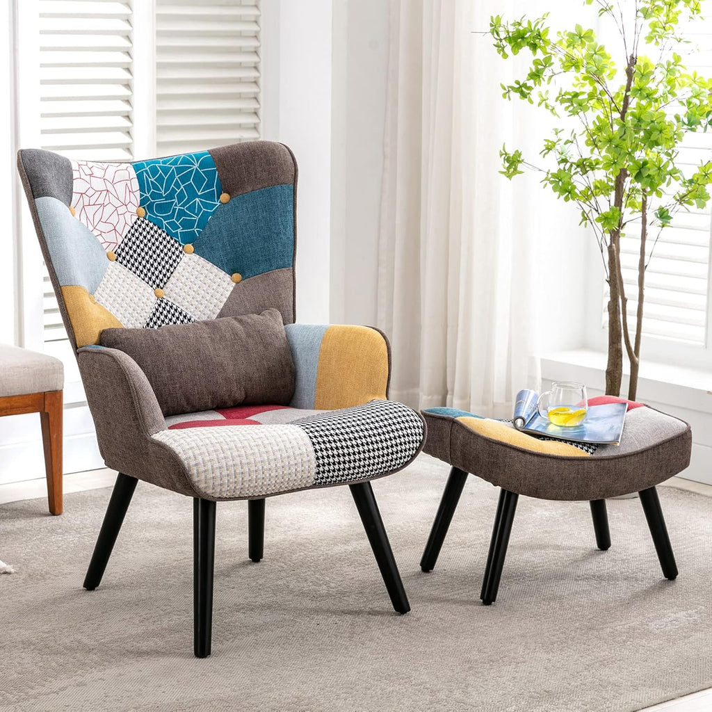 Patchwork Accent Chair with Ottoman, Wooden Legs K590412
